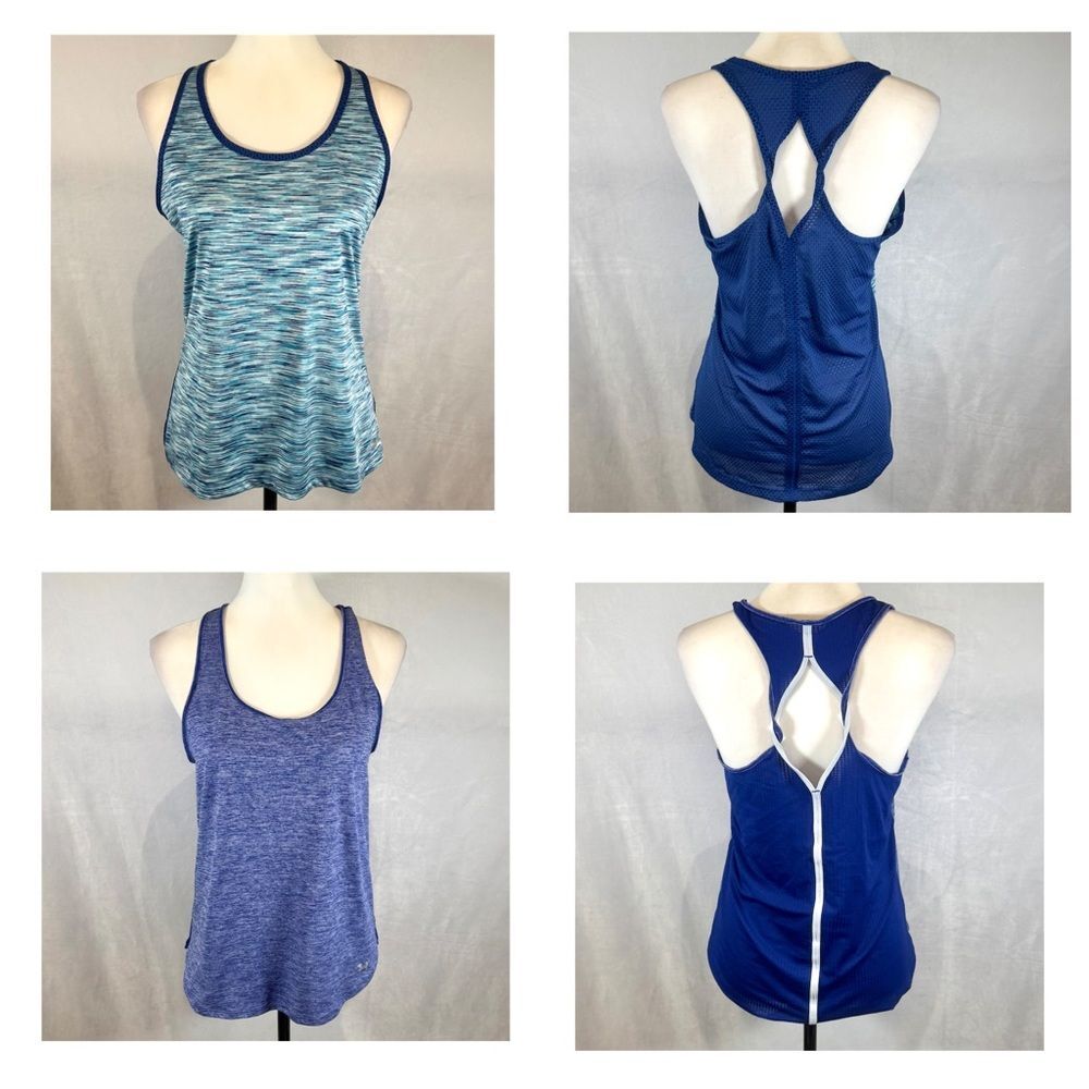 2 blue twisted keyhole back active tanks size large